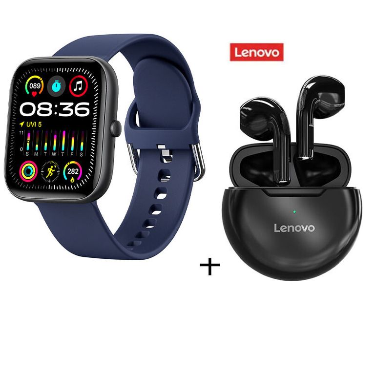 Combinación de Audifonos HT38 negros + reloj inteligente azul
