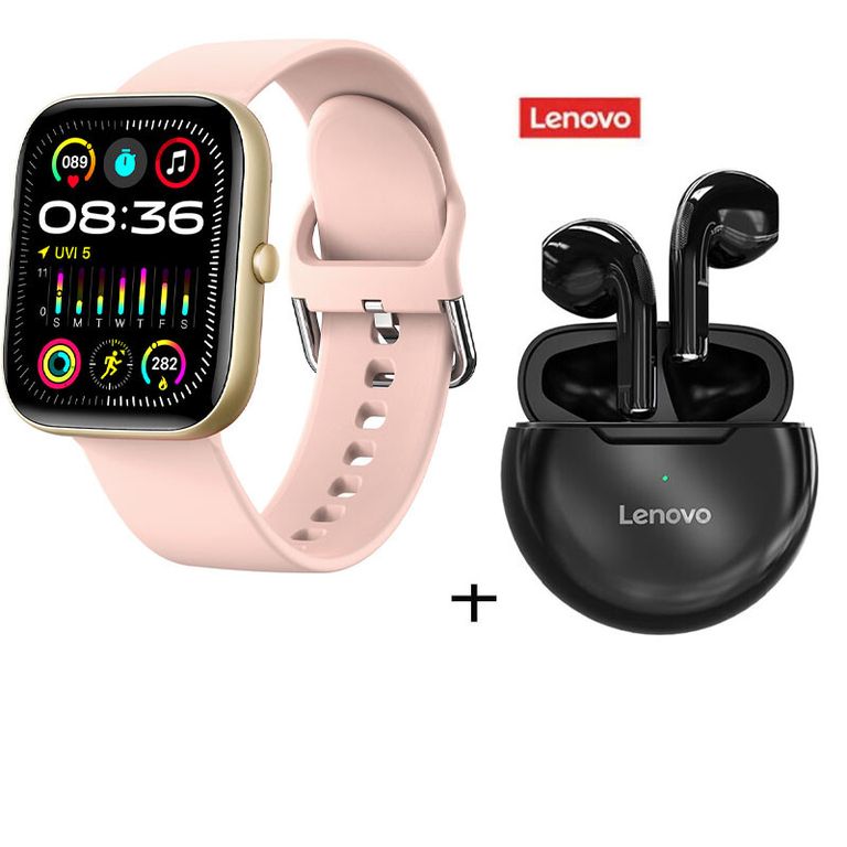 Combinación de Audifonos HT38 negros + reloj inteligente rosa