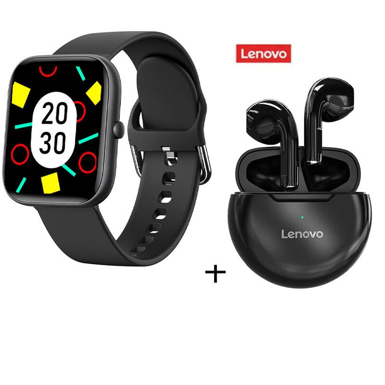 Combinación Audifonos HT38 negros + reloj inteligente negro