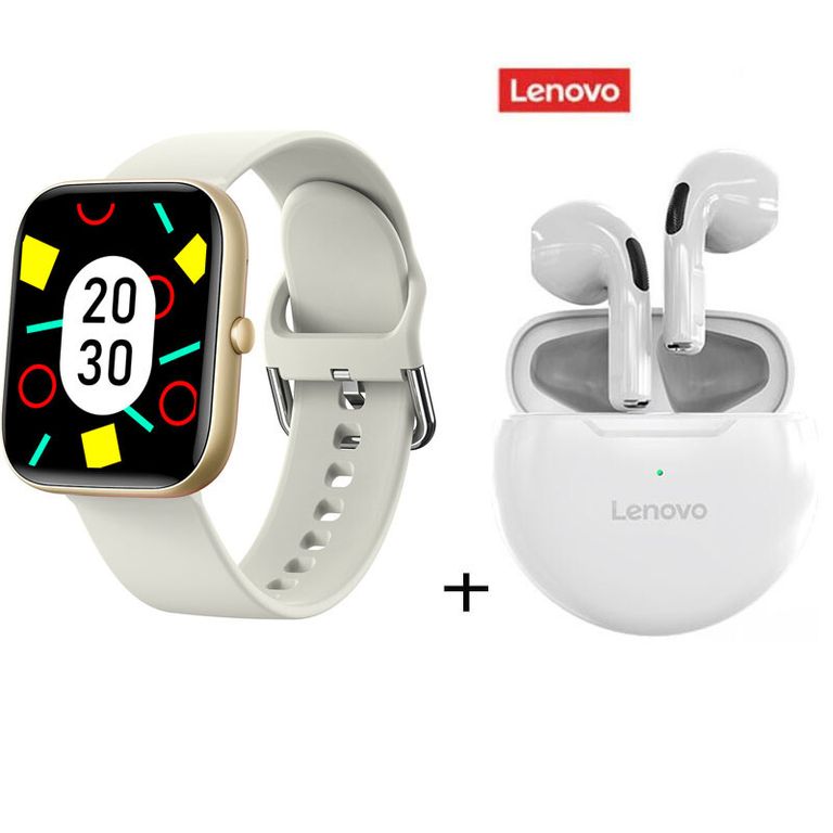 Combinación Audifonos HT38 blancos + reloj inteligente Caqui