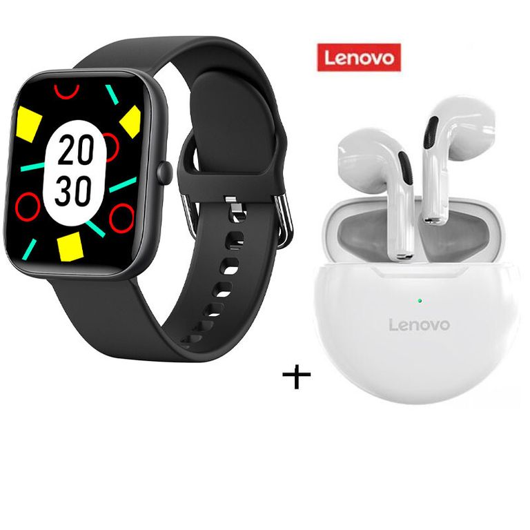 Combinación Audifonos HT38 blancos + reloj inteligente negro