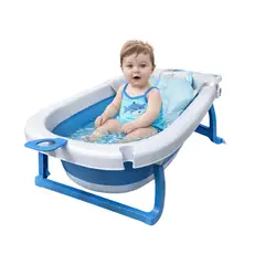 CERDITA - BAÑERA PARA BEBE PLEGABLE CON TERMOMETRO Y COJIN MODELO OSO AZUL