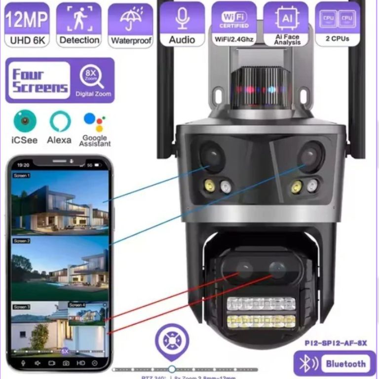 CAMARA WIFI 360° IP 66 CON TRIPLE LENTE CON ZOOM OPTICO ALARMA CON SIRENA