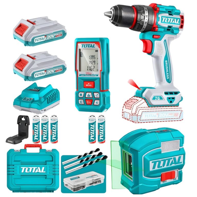 Combo Taladro percutor inalámbrico Brushless 76Nm + Nivel láser + Wincha Láser TOSLI250511
