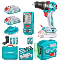 TOTAL - Combo Taladro percutor inalámbrico Brushless 76Nm + Nivel láser + Wincha Láser TOSLI250511