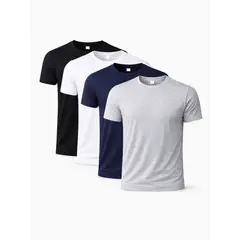 ENKI - PACK X4 POLOS SLIM FIT HOMBRE 100% ALGODÓN CUELLO REDONDO NEGRO BLANCO AZUL MARINO GRIS MELANGE