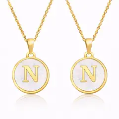 GENERICO - Collares de Pareja Letras N y N con Nácar en Acero Inoxidable Dorado 50 cm