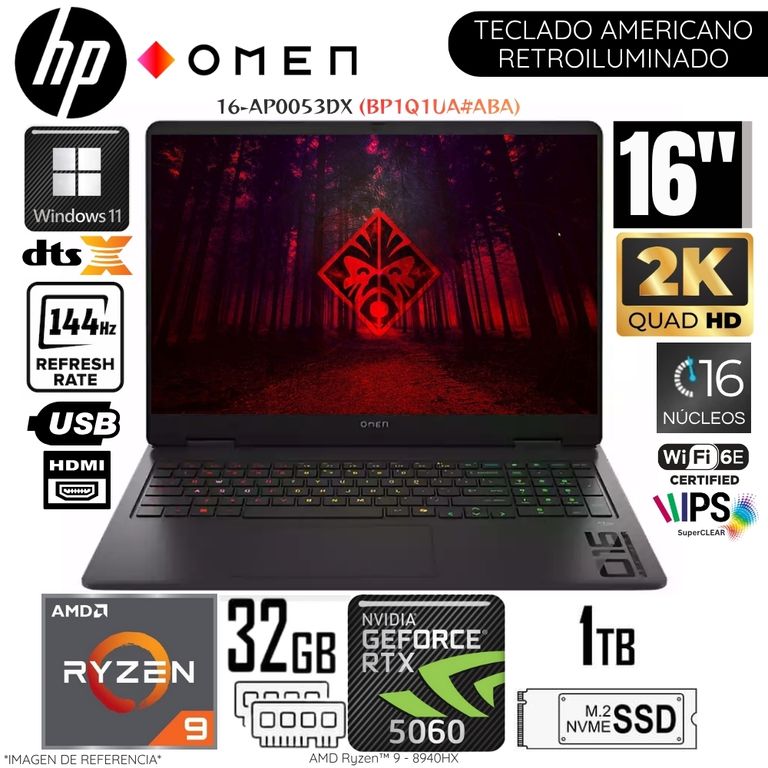 Laptop OMEN 16-AP0053DX AMD Ryzen 9 8940HX 32GB RAM 1TB SSD RTX 5060-8GB 16" 2K Win 11 Home