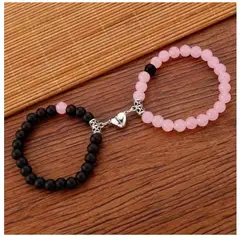 GENERICO - Pulsera doble negra y rosada corazón con imán para mejores amigos o parejas San Valentín
