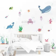 GENERICO - Decoracion Infantil Mundo marino en vinil adhesivo con ballenas y peces