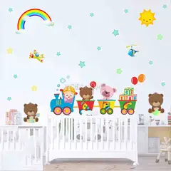 GENERICO - Decoracion Infantil Tren y osos Mundo magico vinil adhesivo con estrellas