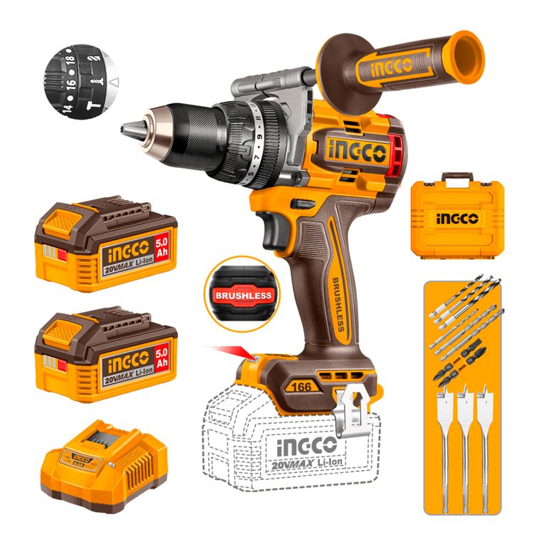 Taladro Atornillador Percutor Brushless 166Nm + Bat5Ah+acce