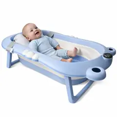 CERDITA - BAÑERA PARA BEBE PLEGABLE CON TERMOMETRO Y COJIN MODELO SAPO CELESTE