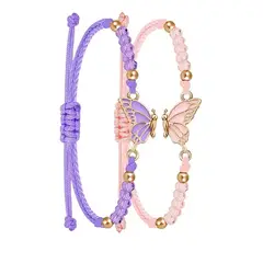 GENERICO - Set x 2 pulseras mariposas ajustables para mejores amigas morado y rosado San Valentín