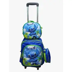 GENERICO - MOCHILA STICH NIÑOS + LONCHERA + CARTUCHERA CON LUCES 3D CON RUEDAS