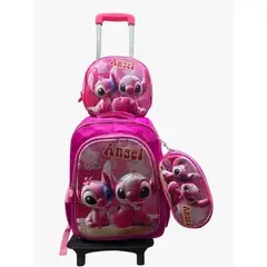 GENERICO - MOCHILA STICH NIÑAS + LONCHERA + CARTUCHERA CON LUCES 3D CON RUEDAS