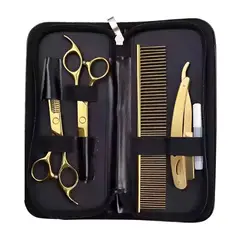 GENERICO - Kit de Peluquería Profesional Estuche de 6 Piezas en Oro Galvánico con Tijeras, Navaja y Peine