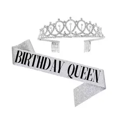 GENERICO - Set banda cumpleañera birthday queen mas corona plateado
