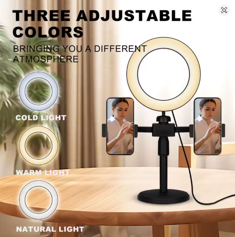 Anillo de luz LED 6” (16 cm) multicolor con trípode y 2 sujetadores para celular para selfies.