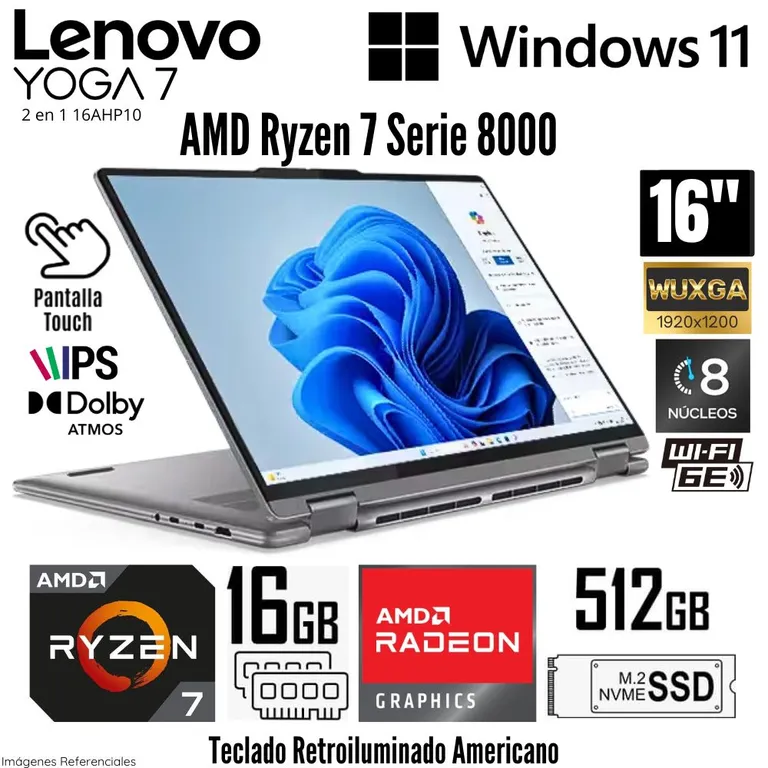 Laptop Yoga 7 2 en 1 16AHP9 AMD Ryzen 7 8840HS 16GB RAM 512GB SSD 16" WUXGA TouchScreen