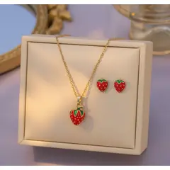 GENERICO - Arete Collar De Fresita Exclusivo Regalo Niña Y Mujer Dorado