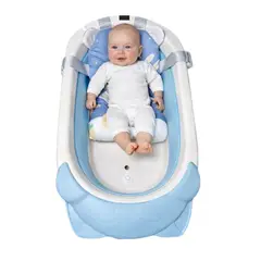 CERDITA - BAÑERA PARA BEBE PLEGABLE CON TERMOMETRO Y COJIN MODELO GATO CELESTE