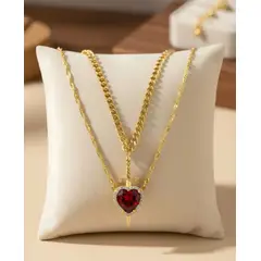 GENERICO - Set Collar Corazón Pareja Espada Acero Joya Regalo Novios Dorado