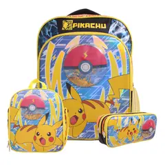 POKEMON - Pack Escolar Pokémon 3D Metálico Mochila Lonchera y Lapicera