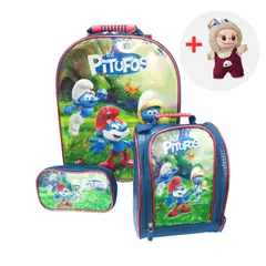 GENERICO - MALETA ESCOLAR 3 EN 1 LOS PITUFOS + LABUBU