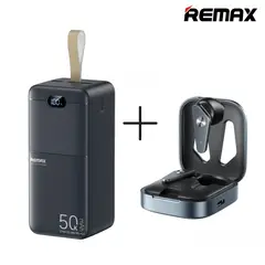 REMAX - Power Bank De 50000mAh De 27W + 225W RPP-117 Negro + Audífonos Bluetooth TWS-48 Negros