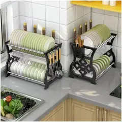 GENERICO - Escurridor de Platos Vasos 2 Niveles con Bandeja de Drenaje 345x425x285cm