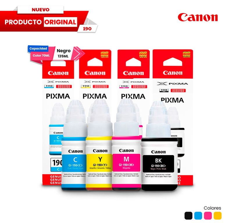 Combo Tinta GI 190 Original Negro Cian Magenta Amarillo