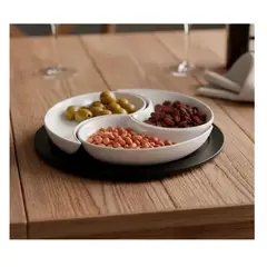 GENERICO - SET DE PIQUEO DE LOZA REDONDO CON BASE DE MADERA 3 DIVISIONES