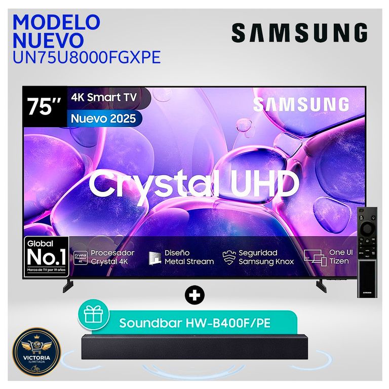 Televisor 75 Pulg. Crystal U8000F Smart Tizen TV UHD 4K UN75U8000FGXPE + Soundbar HW-B400