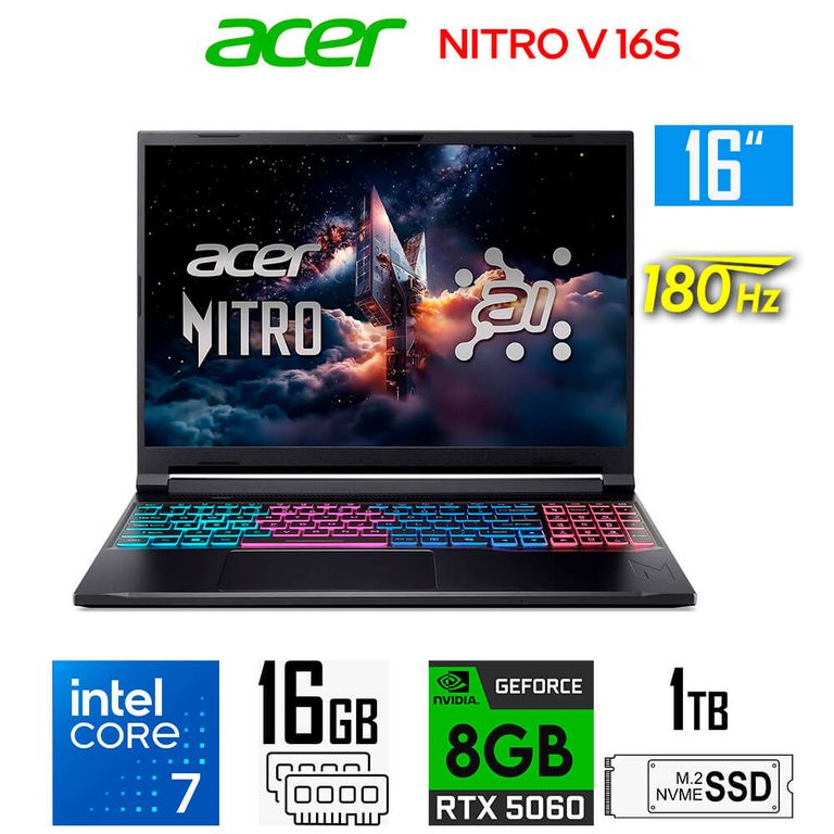 Laptop Gamer Nitro V 16S AI Core 7-240H Nvidia 8GB RTX5060 RAM 16GB 1TB SSD 16″ WUXGA 180Hz
