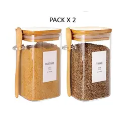 GENERICO - Pack 2 Frascos de Vidrio Con Tapa de Bambú y Cucharita.