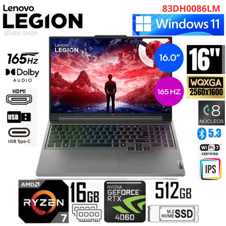 Laptop Legion Slim 5 16AHP9 AMD Ryzen 7-8845HS 16GB RAM 512GB 16" RTX4060-8GB 83DH0086LM