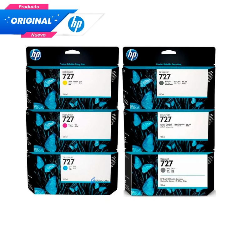 Kit Tinta 727 130ML Original Negro foto Negro mate Gris Cian Magenta Amarillo