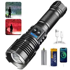 LIDIMI - Linterna Táctica LED 30W Recargable USB con Luz Blanca y Roja Power Bank