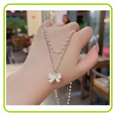 GENERICO - Collar Elegante para Mujer con Lazo y Cadena de Perlas