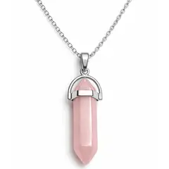 GENERICO - Collar Mujer Péndulo Cuarzo Rosa Piedra Natural Acero Inoxidable
