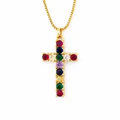 GENERICO - Collar Mujer Cruz Dorada Con Piedras De Colores Regalo Especial