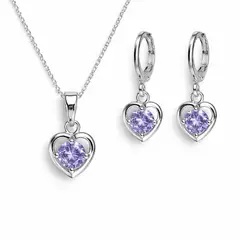 GENERICO - Set De Collar Y Aretes Mujer Corazón Con Piedra Rosa O Lavanda