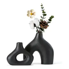 ANYHOGAR - Set 2 Floreros Cerámica Adornos Negro