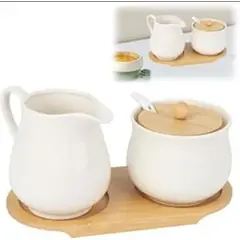 GENERICO - Juego de Azucarero y Jarra de Leche con Base de Bambu
