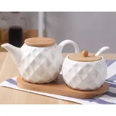 GENERICO - Juego de Azucarero y Jarra con Tapa y Base de Bambu