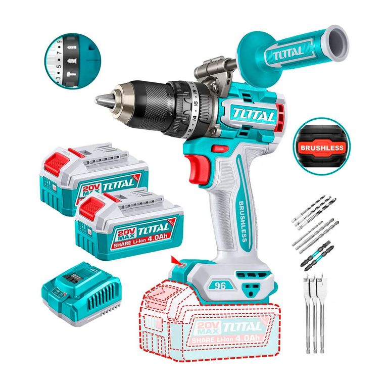 Taladro Percutor Inalámbrico 20v + 2 baterías 4.0ah + Accesorios