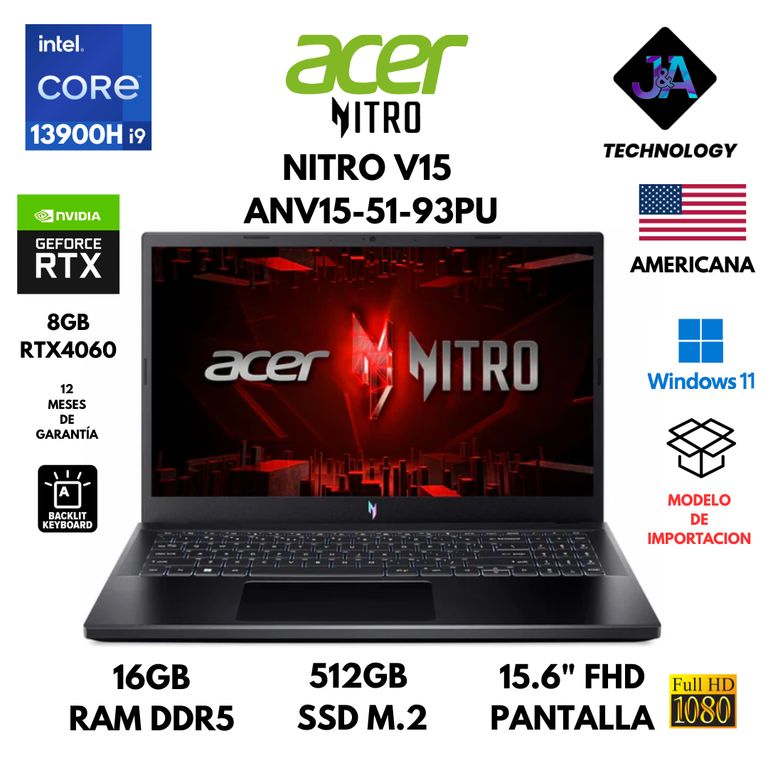 LAPTOP NITRO V15 ANV15-51-93PU CORE I9-13900H 16GB RAM 512GB SSD 8GB RTX4060 156 AMERICANA
