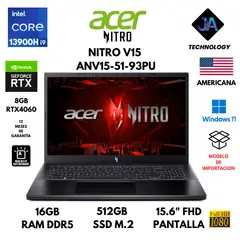 ACER - LAPTOP NITRO V15 ANV15-51-93PU CORE I9-13900H 16GB RAM 512GB SSD 8GB RTX4060 156 AMERICANA
