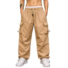 ENKI - Pantalón Cargo Oversized Hombre Tela Mojada Beige Urbano